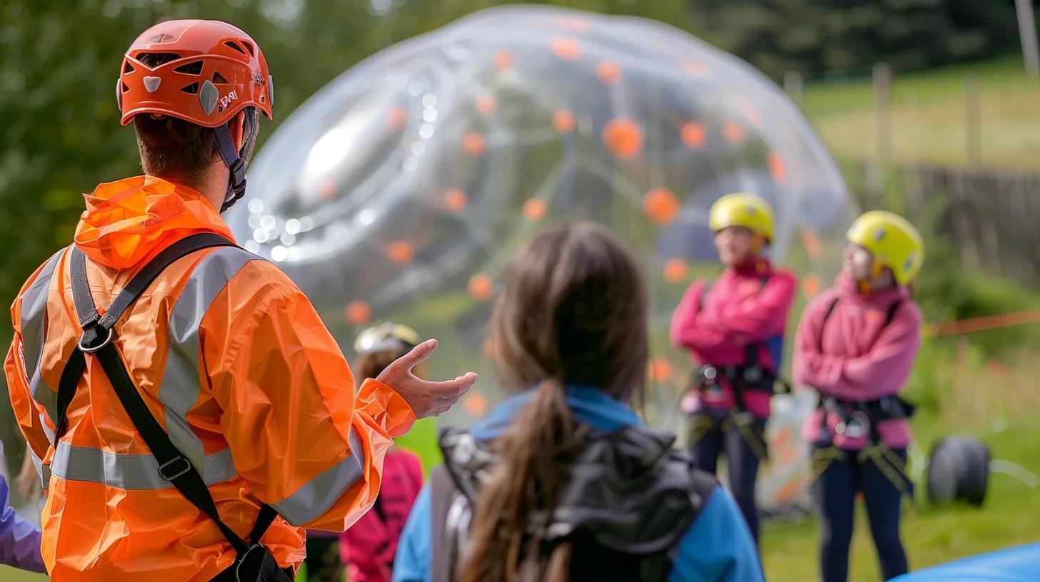 Safety briefing for zorbing participants, highlighting the importance of safety measures and equipment