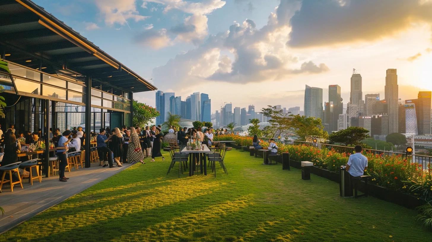 Unique event space in Singapore, showcasing a rooftop garden with guests enjoying an event