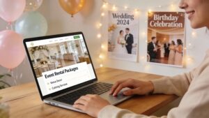 User effectively engaging with an online booking system for carnival event rentals, emphasizing a seamless process.