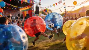 Participants actively engaged in Bubble Soccer, highlighting the interactive nature of carnival sports games.